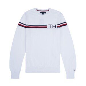 Tommy Hilfiger Men's Stripe Logo Cotton Knit Sweater White L